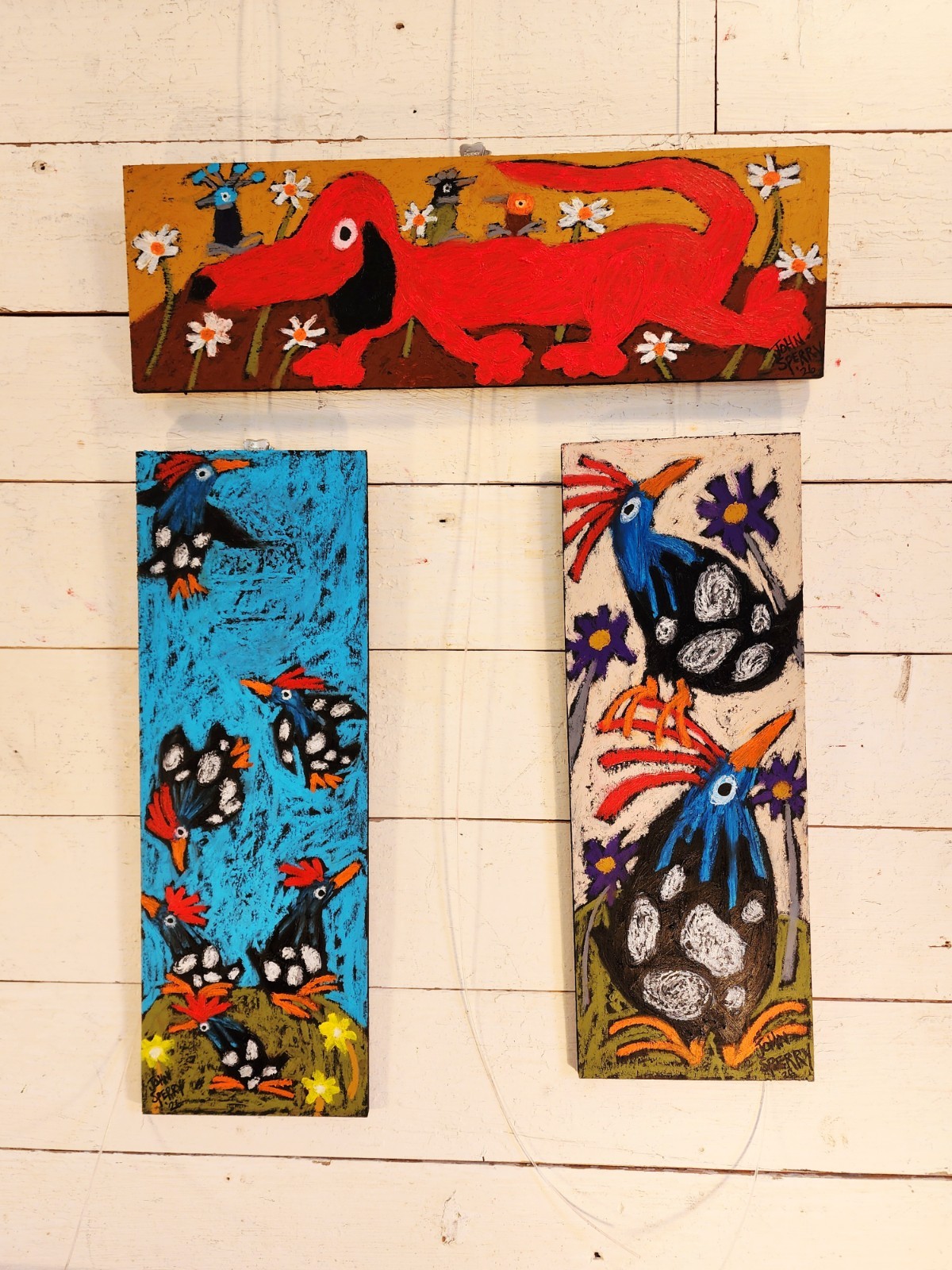 John Sperry Southern Primitive Folk Art Painting Bird Dog w/ Fleabirds