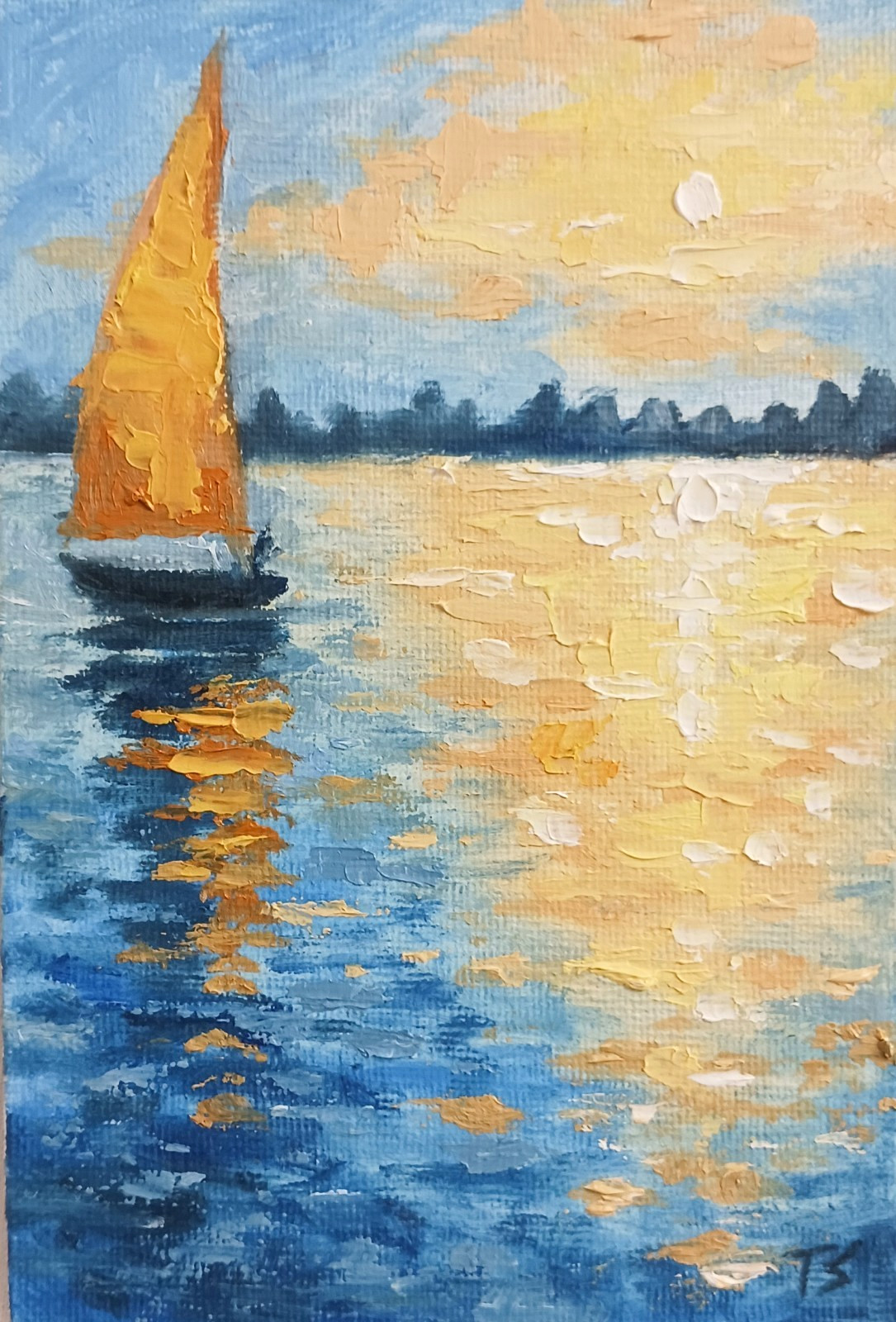 ORIGINAL Oil Painting Impressionism Lake Sunset Sailboat Boat 4″ x 6″ Fine Art