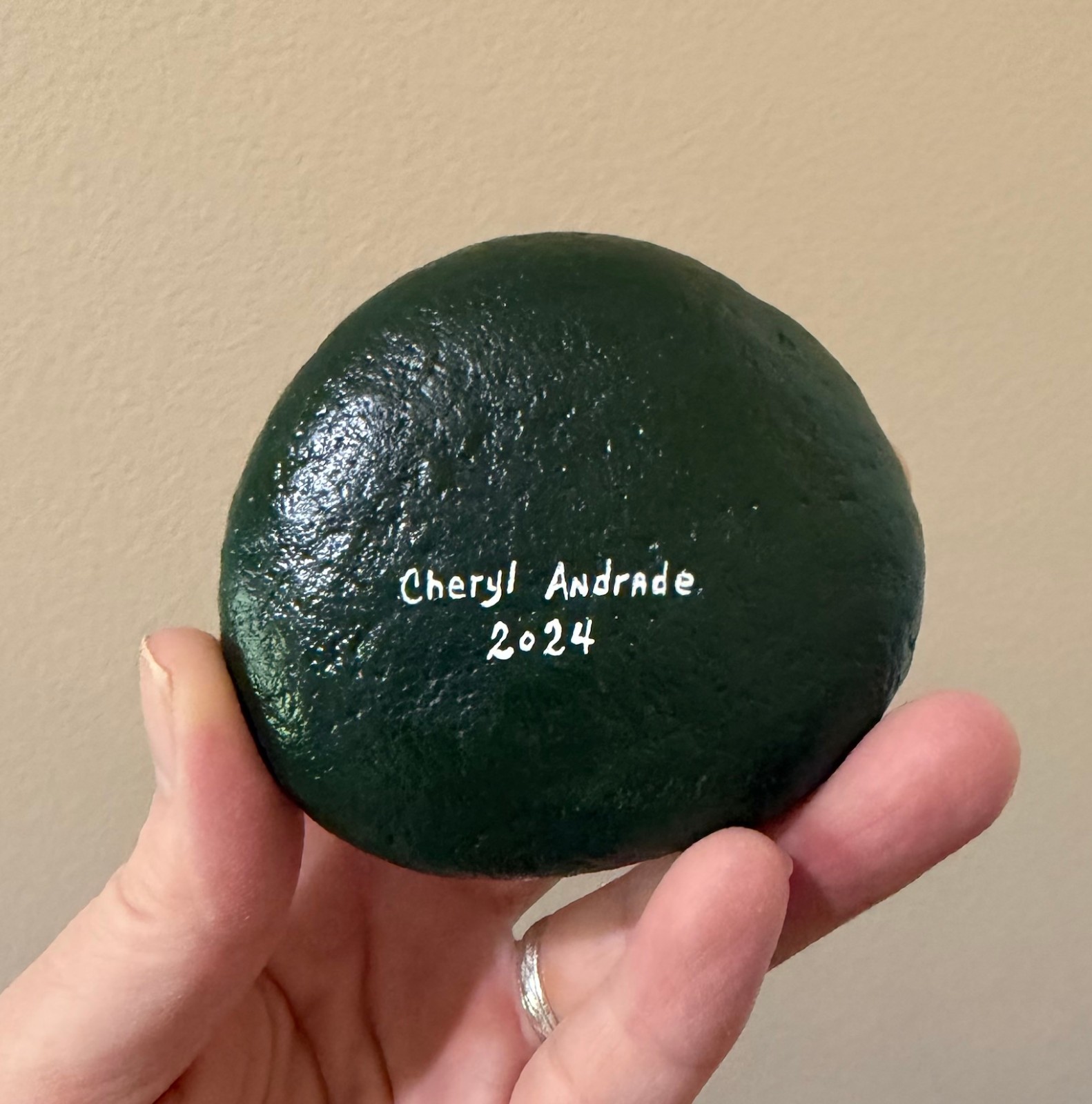 Original Dot Painted Stone Green Flower Mandala by Cheryl Andrade
