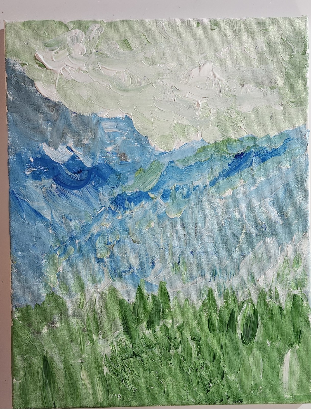 Original Mountain Meadow Landscape Painting 11×14 Acrylic on Canvas Blue Green I