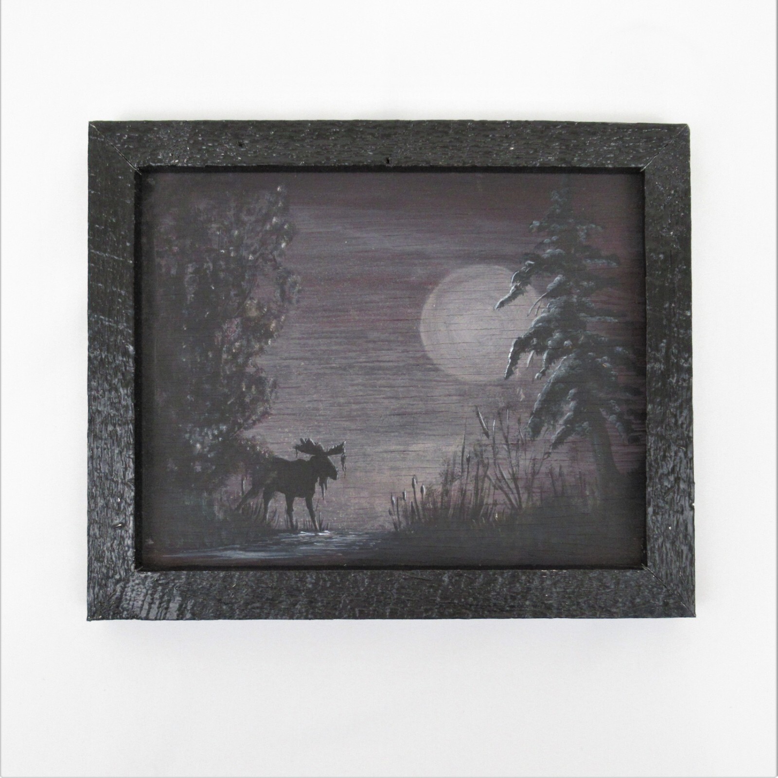 Moose painting on wood Lori Paineak Wood ‘n Art Dorset 2009 night moon 9 x 11