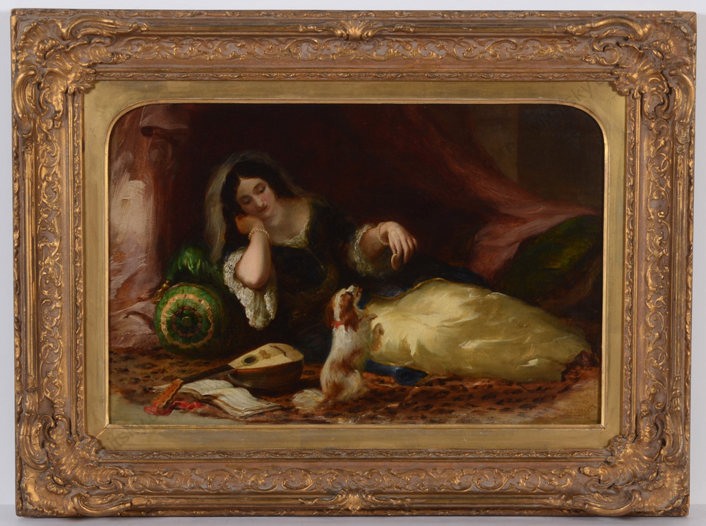 «Eastern beauty playing with her pet», fine Victorian oil painting, ca. 1850