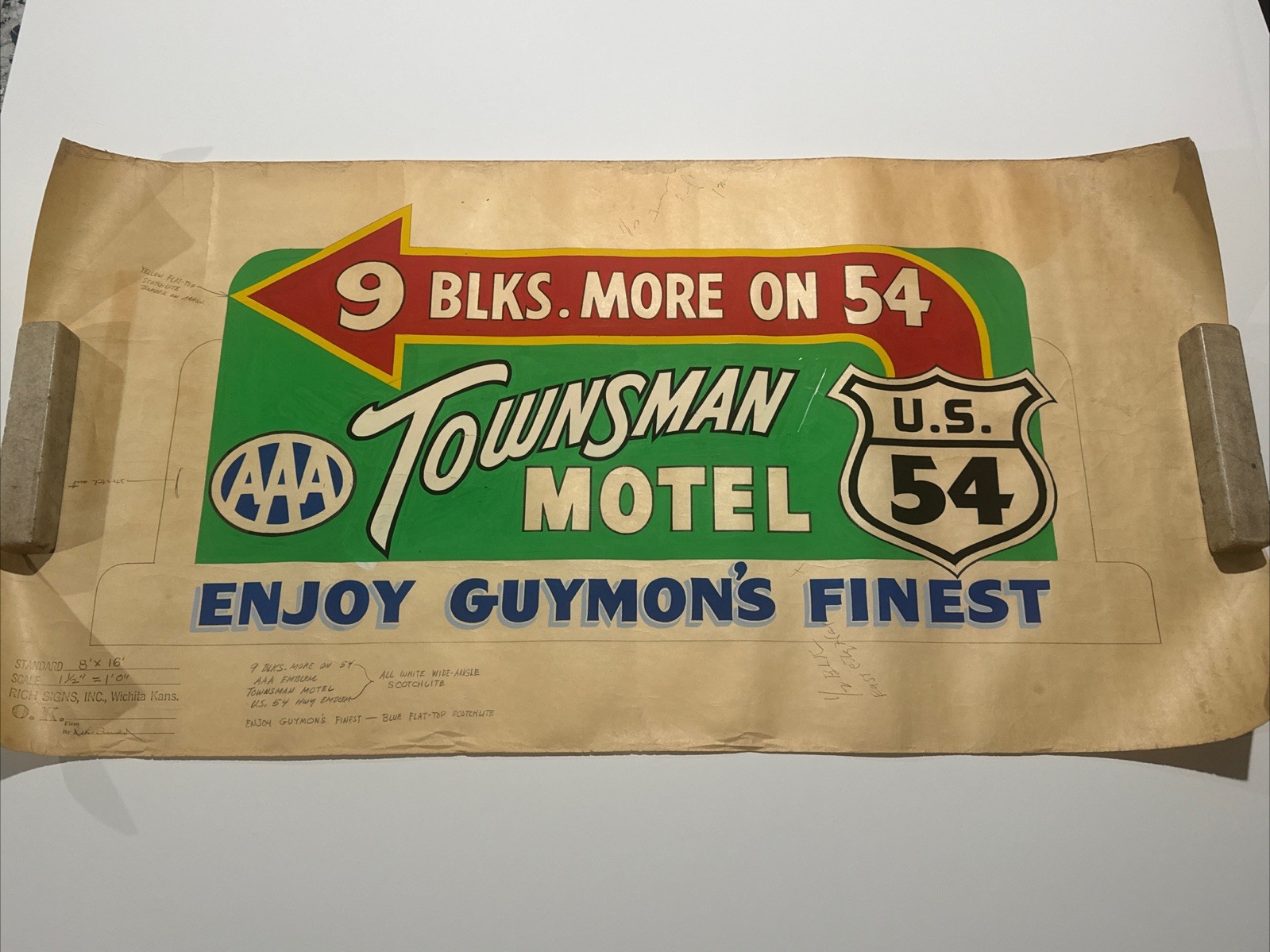 Antique Painting Route 54 Illustration Large AAA Guymon Texas Motel Trade Sign