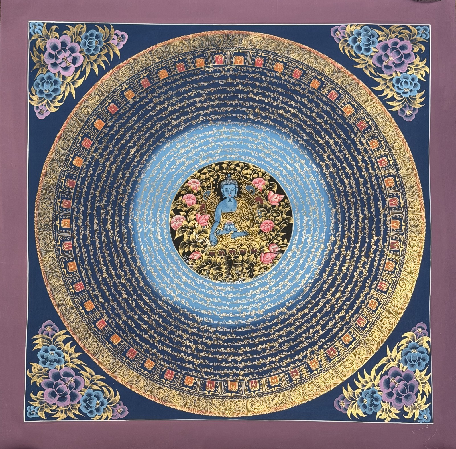 MEDICINE BUDDHA MANDALA ORIGINAL BLACK AND GOLD TIBETAN THANGKA PAINTING