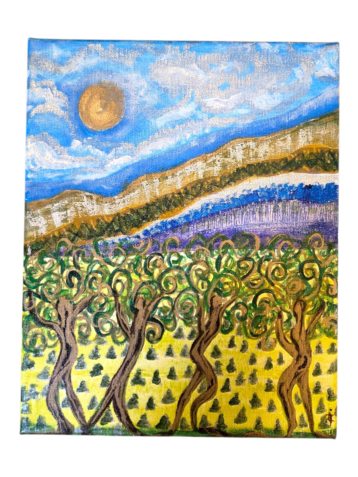 Amature Art Orchard Dance Painting Blue Gold Vineyard Nature Magic Joy Happy