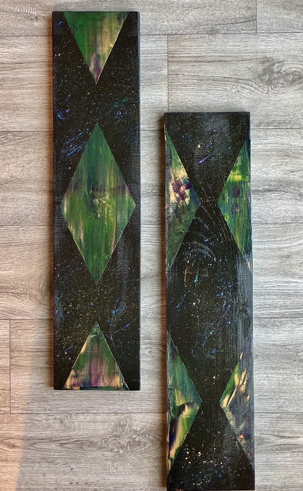 abstract painting, abstract art, green and black art, scrap wood, acrylic, gold