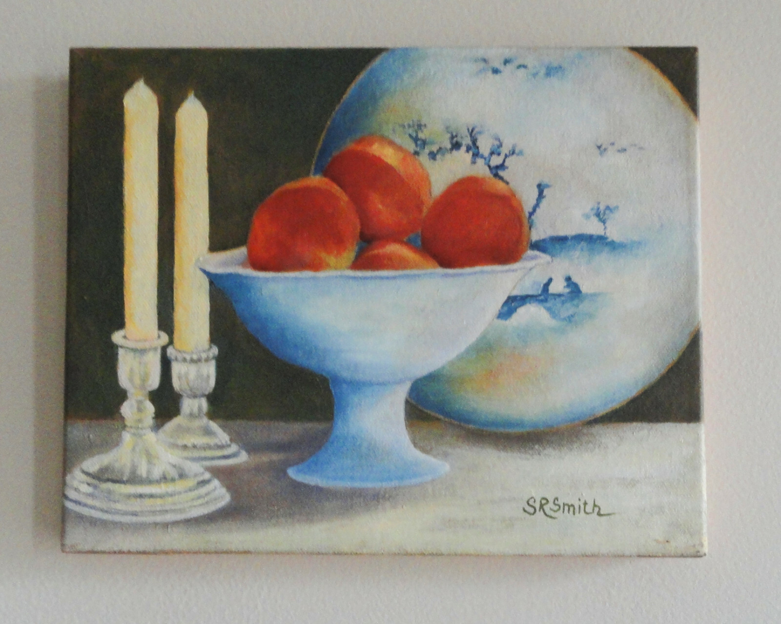 Original Oil Painting Peaches Bowl Silver Candlesticks Gold Trim Plate Blue 8X10