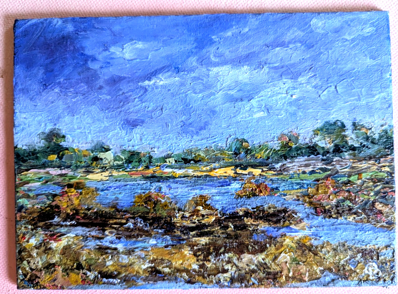 ORIGINAL OIL IMPASSTO Painting LANDSCAPING CLOUDY SKY 7″x 5″ by Olga Diduh.