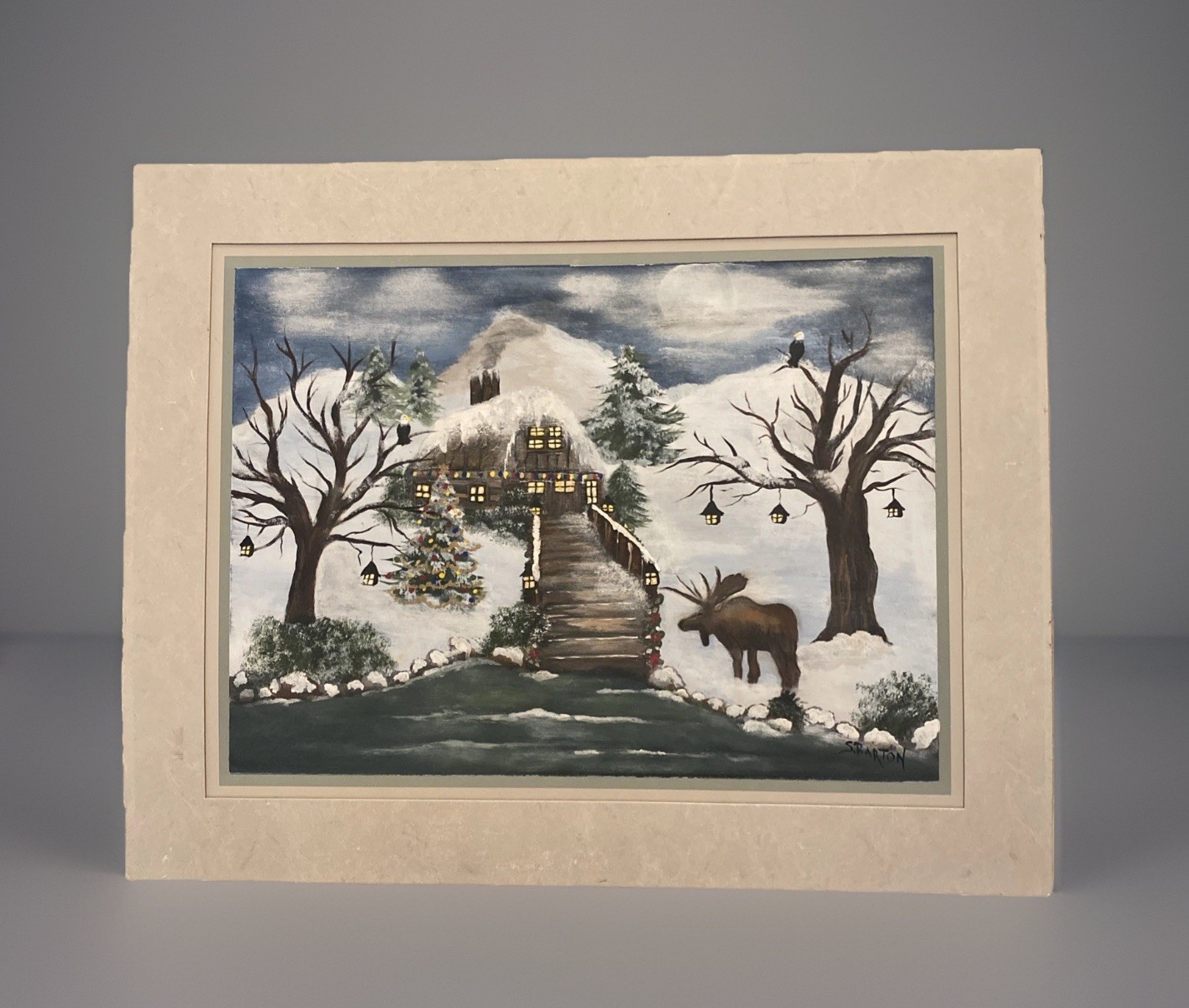 Vntg Christmas Folk Art Painting Cabin Snow Tree Moose 16” X 20” Original Signed
