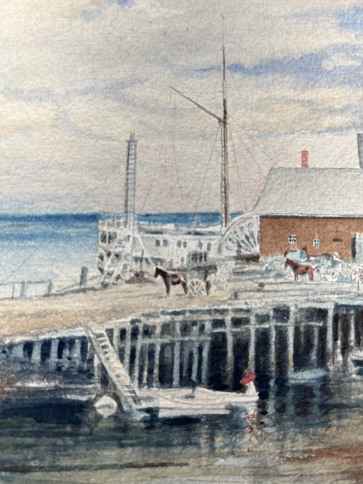 ALBERT GRAVES DATED 1891 MASSACHUSETTS HARBOR STEAMBOAT HORSES ANTIQUE PAINTING