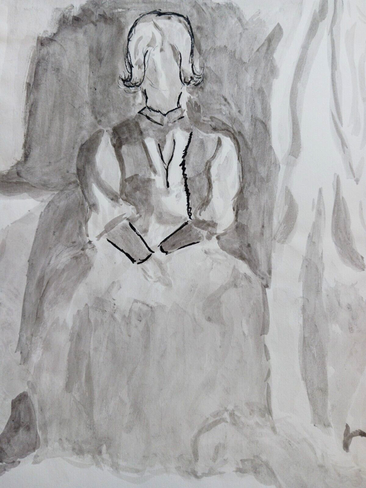 1960s Watercolor & Ink Sketch Painting Girl/Woman w High Neck Shirt Gray & Black