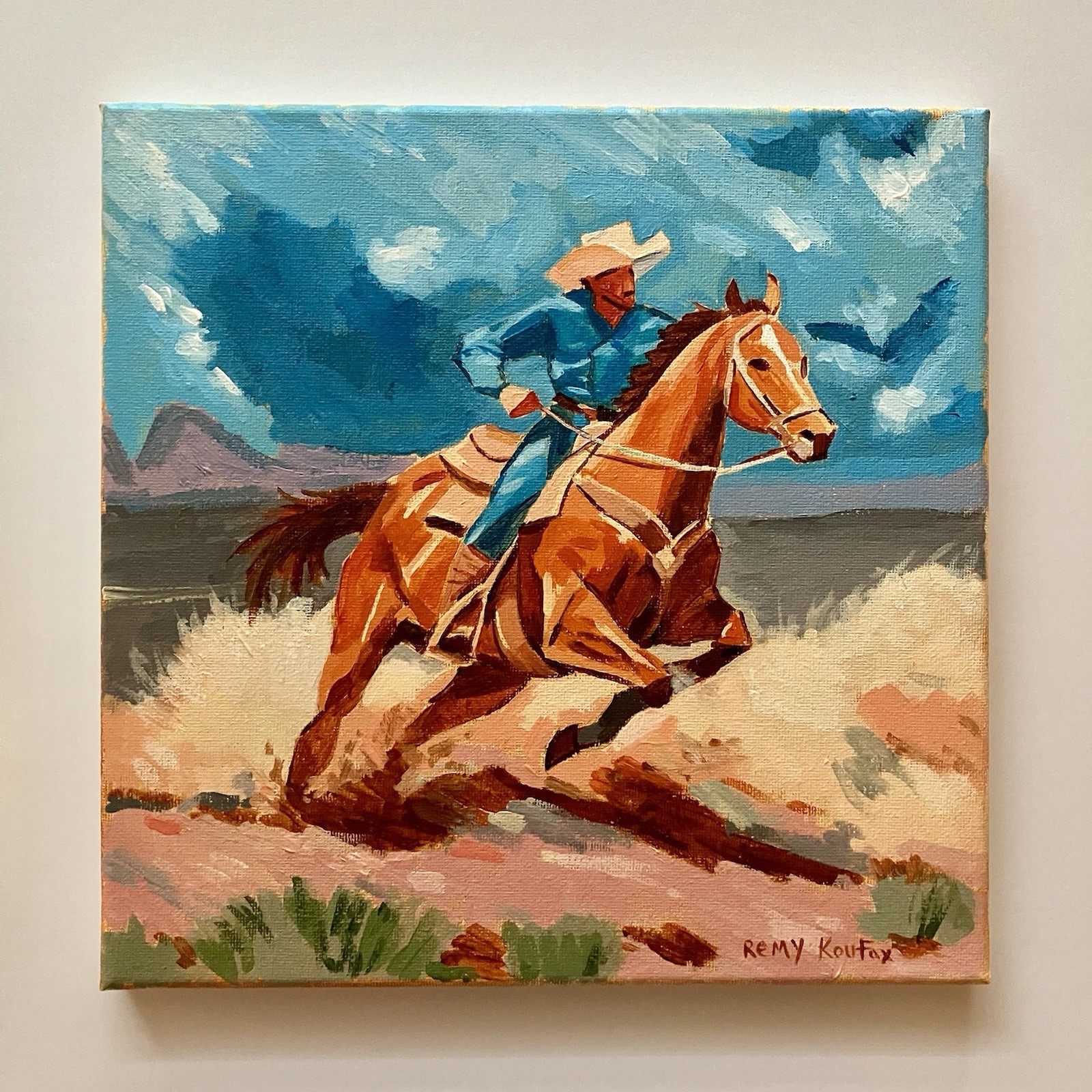 Original Acrylic Western Painting Cowboy Horse Rider 10×10 Inches Signed Art