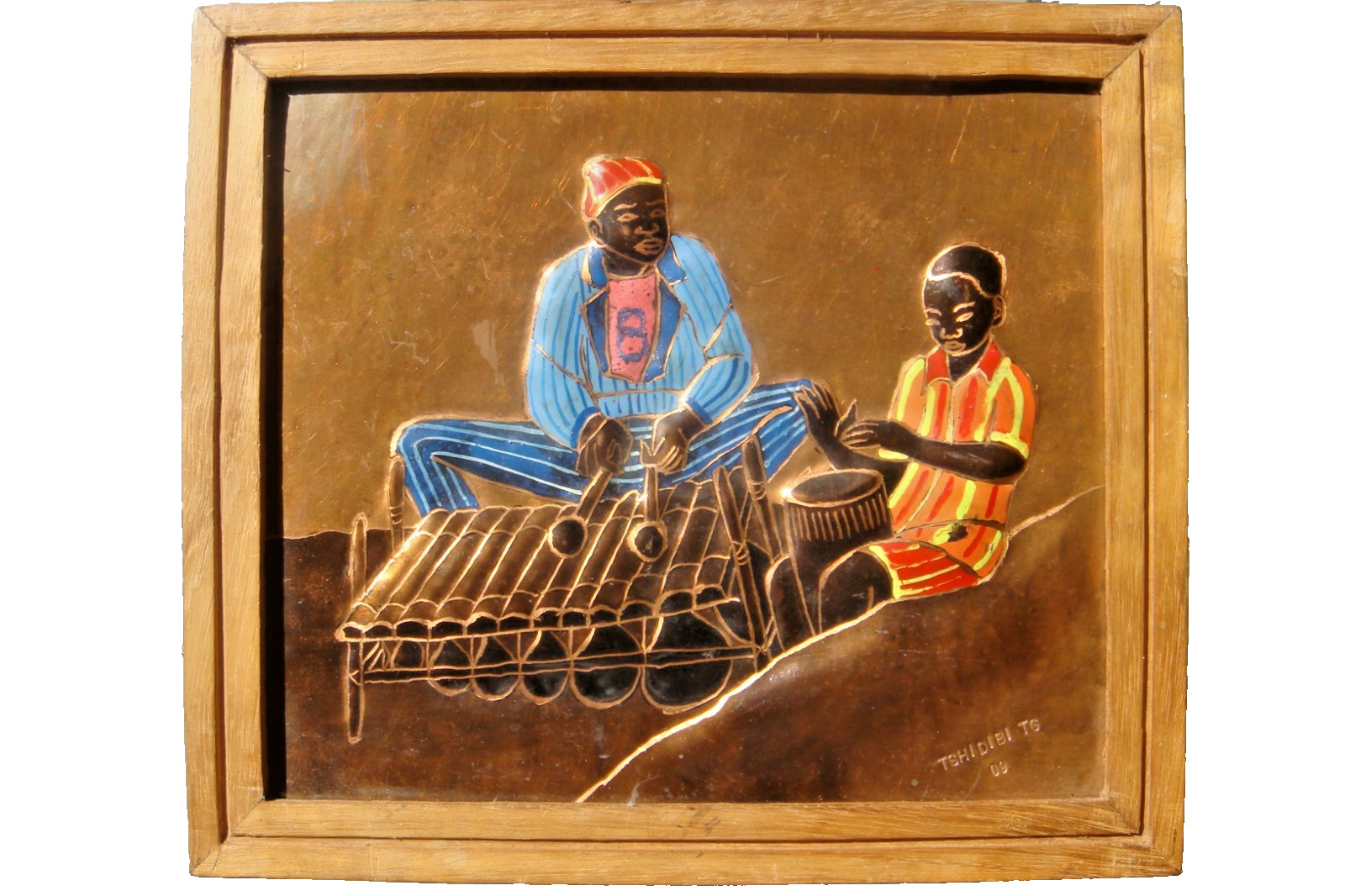 African Relief painting on copper signed by the Congolese artist Guycha Tshidibi