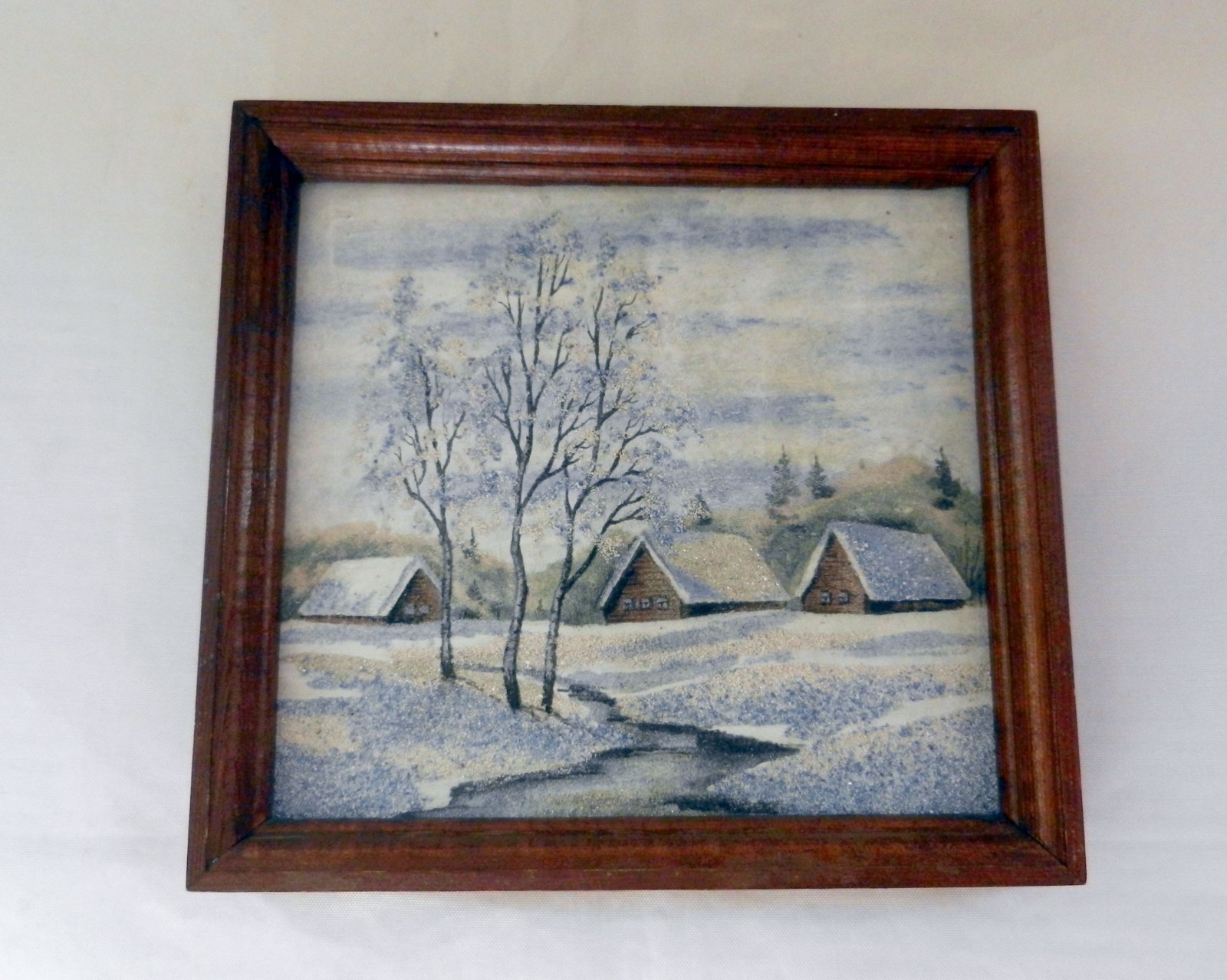 VTG Russian Winter Landscape Crushed Gemstone Painting Wooden Frame 10.5″x9.5″