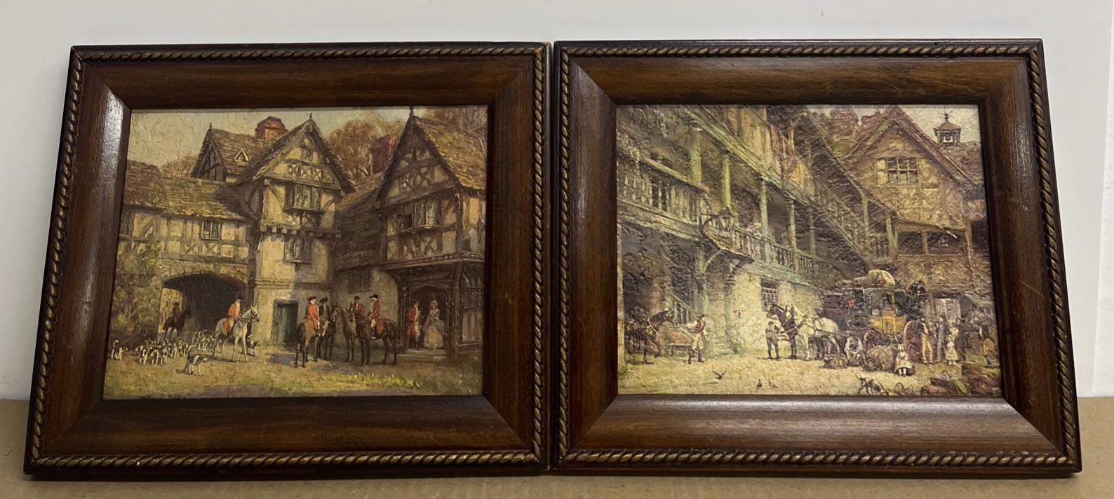 2 Vintage Wooden Framed Paintings Old Houses In Town With Horses And People