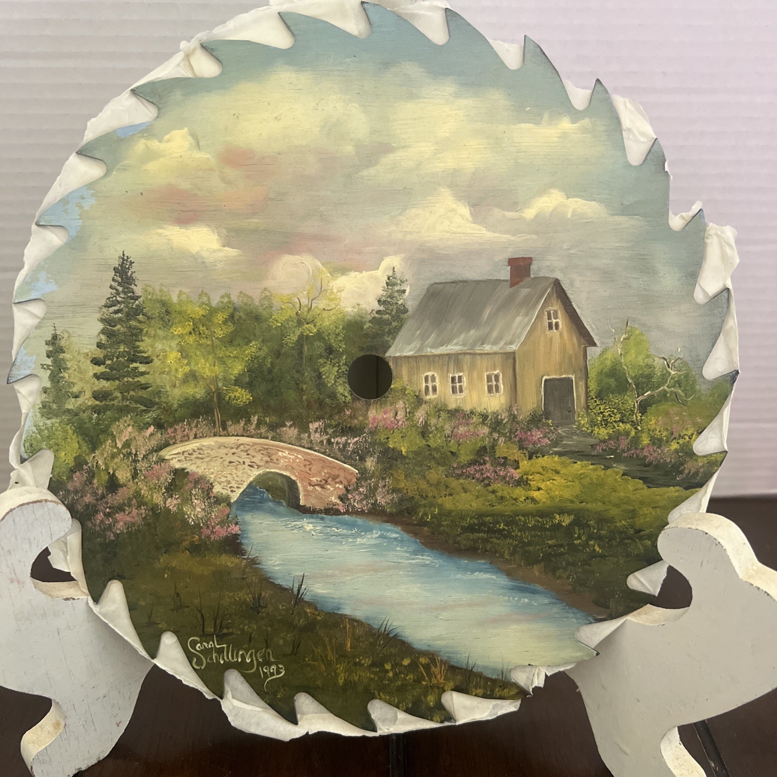 VTG Hand Painted 10” CIRCULAR Saw Blade with Country Barn/Stream/Scenery -Signed