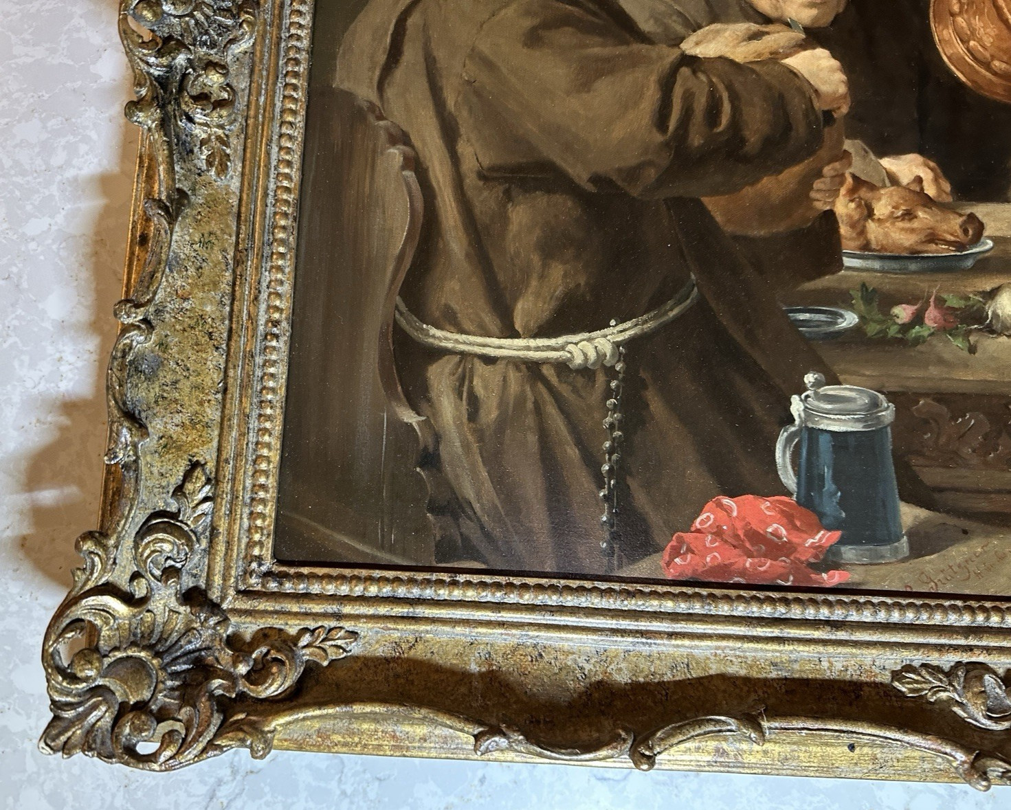 Monks at Table with Stein – Signed “E. Grutzner” – Oil on Wood Panel Painting