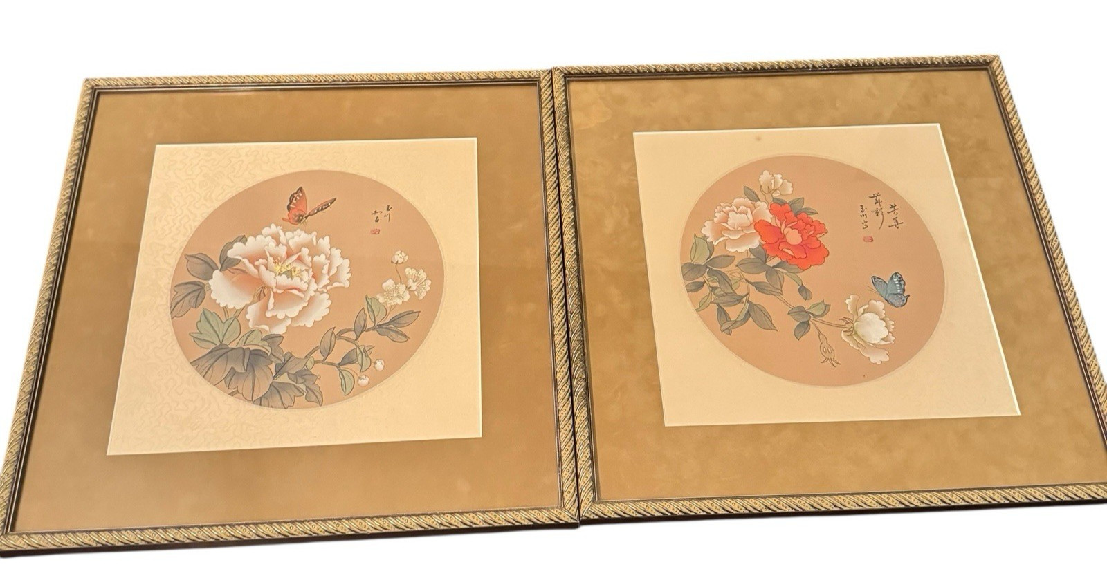 Pair of Vintage Asian Chinese Butterfly Flowers Watercolor on Silk Framed-Read