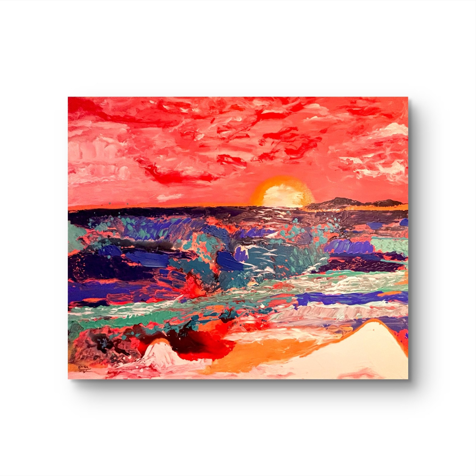 XIN XIN ART 48X60 CRIMSON SUNSET OCEAN WAVES SEASCAPE RED CANVAS ORIGINAL