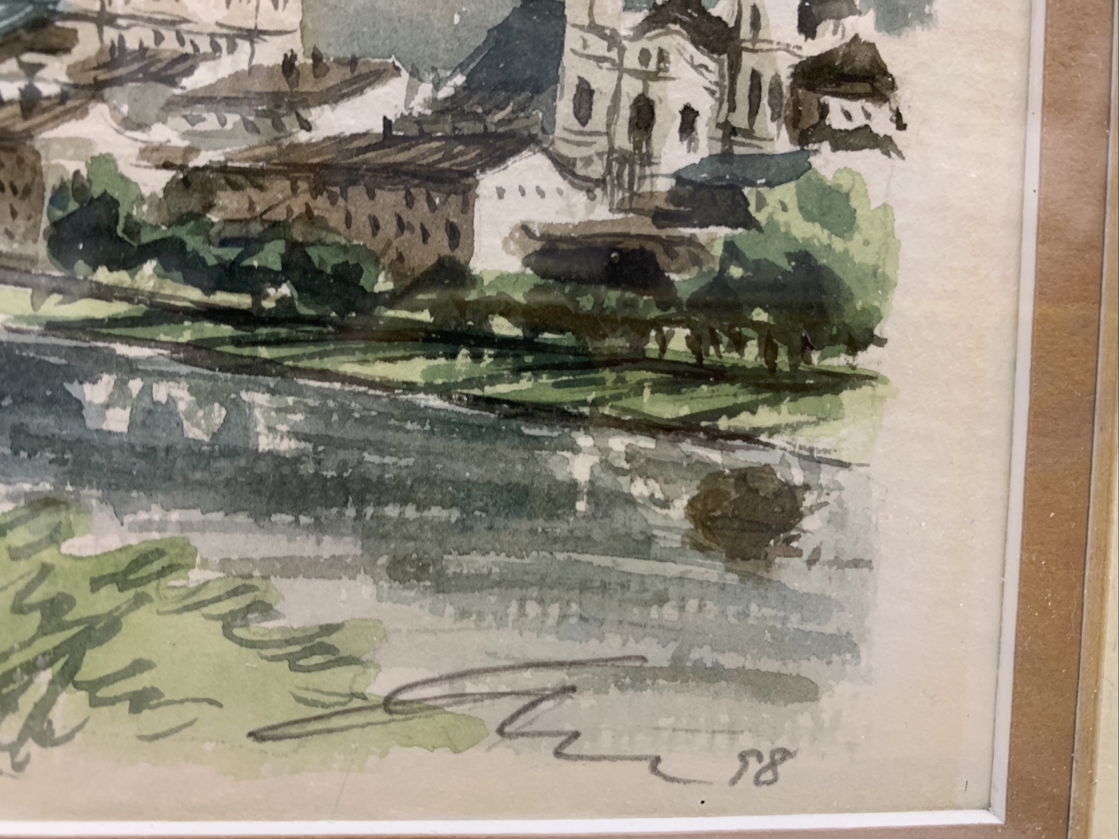 Saltzburg Marina Painting Harbor Watercolor Art Matted Framed 14×12” Germany
