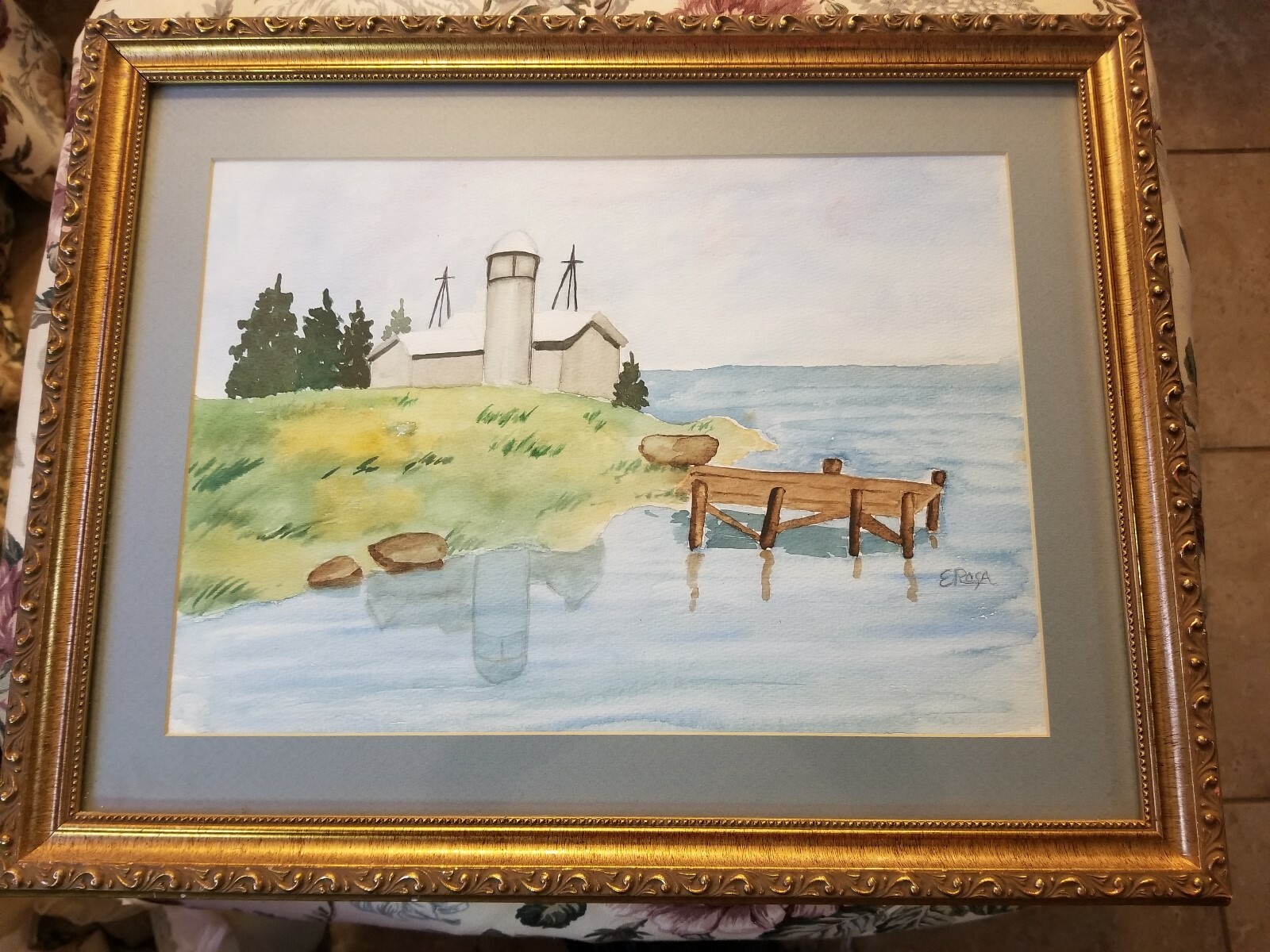 Vintage Landscape Water Scene 19×15″ Painting Framed Matted & Signed E Rosa