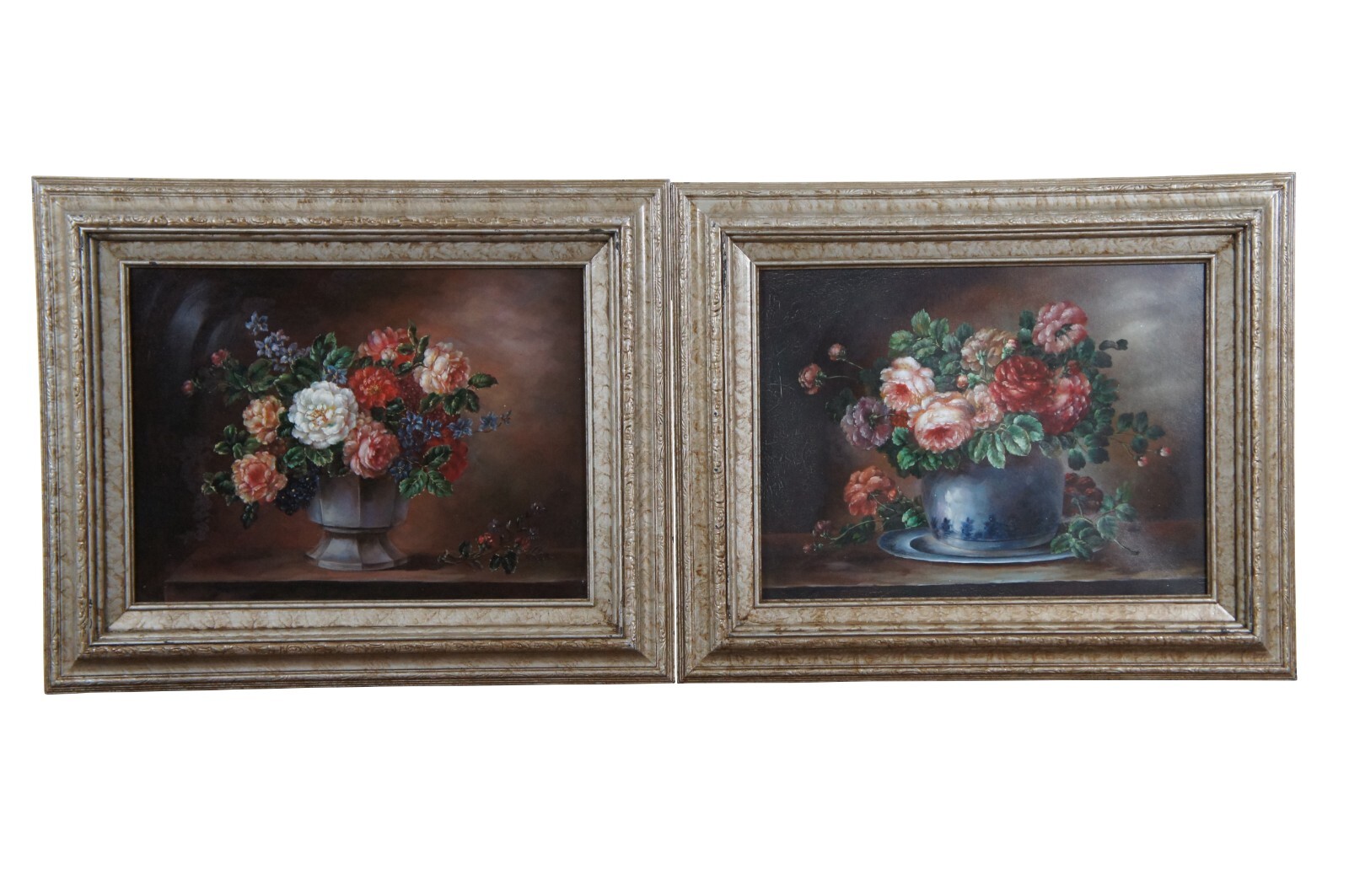 2 Oil on Canvas Floral Still Life Paintings Bouquet Flowers Realism Framed 22″