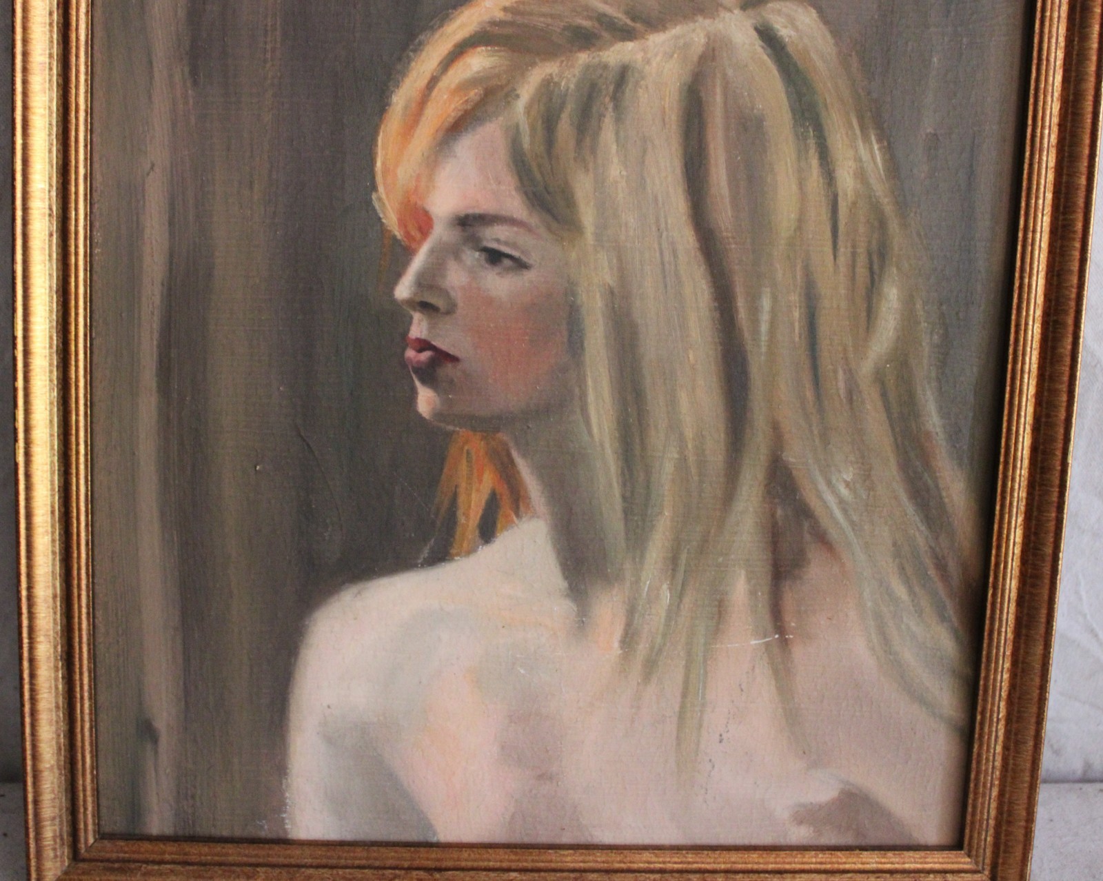 ORIG VINTAGE OIL PAINTING PORTRAIT BEAUTIFUL BLOND WOMAN GIRL FRAMED FOLK ART