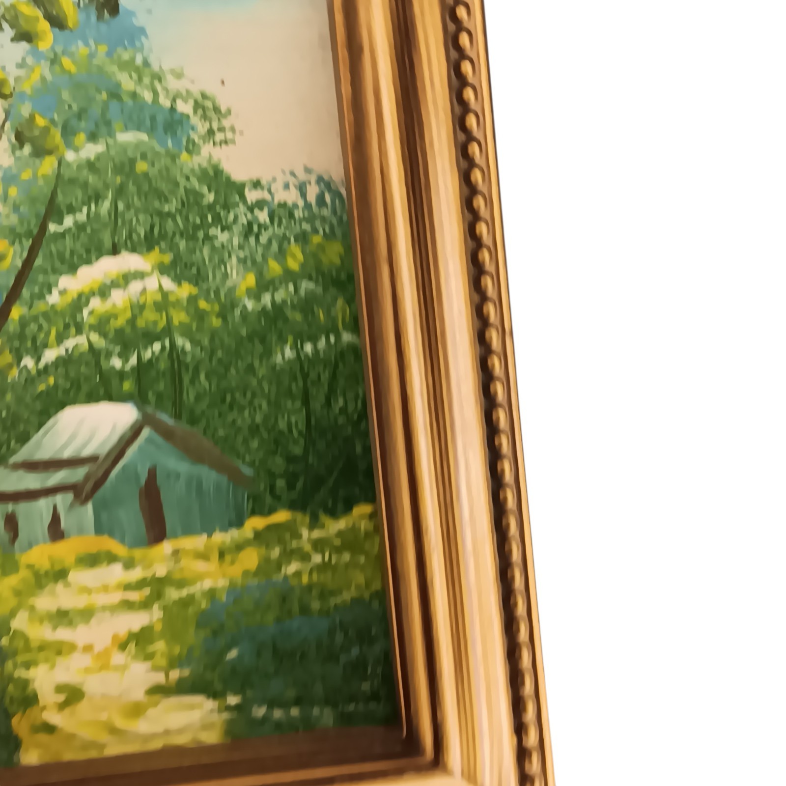 VTG Miniature Painting Barn Path & Trees In Gold Plastic Frame Blue Green Yellow