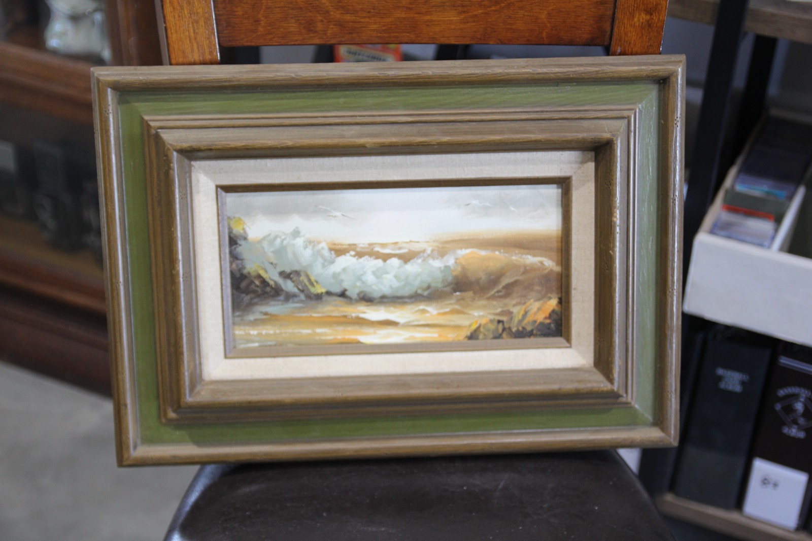 Vintage 1970s Oil Painting Ocean Landscape Rolling Waves & Gulls