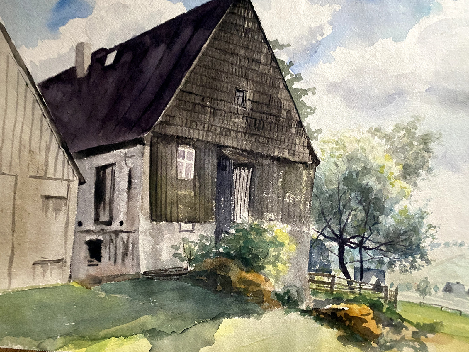 Watercolor/ Mixed Media Fields Trees Farmhouse Property Thuringia Barn