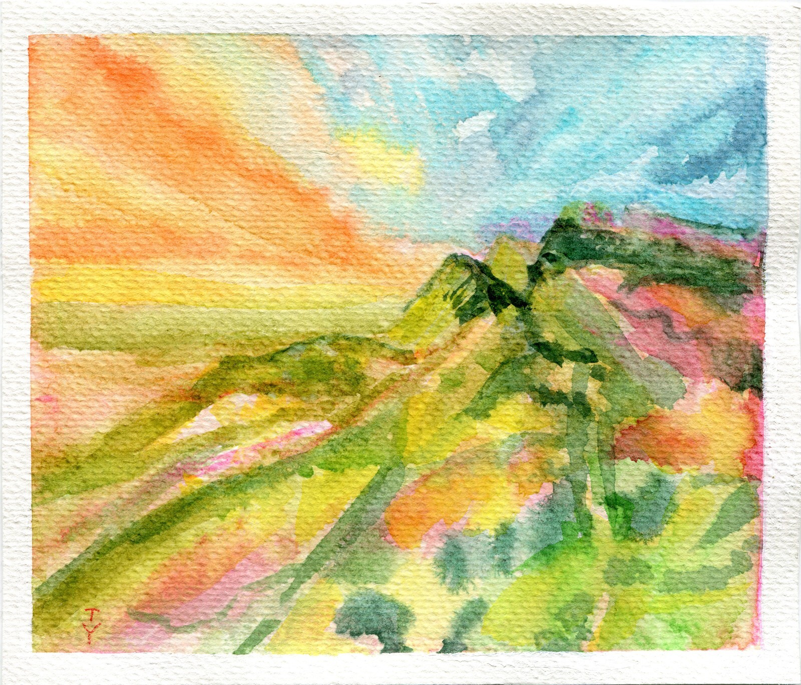 Watercolor painting ORIGINAL Art Landscape field sky mountain 6×7″