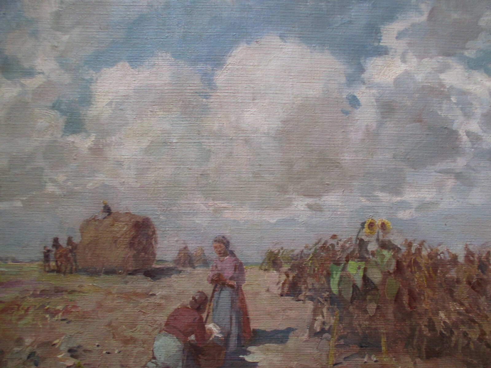 LARGE VINTAGE ANTIQUE IMPRESSIONIST PAINTING LANDSCAPE OLD FARM WORKERS WPA ERA