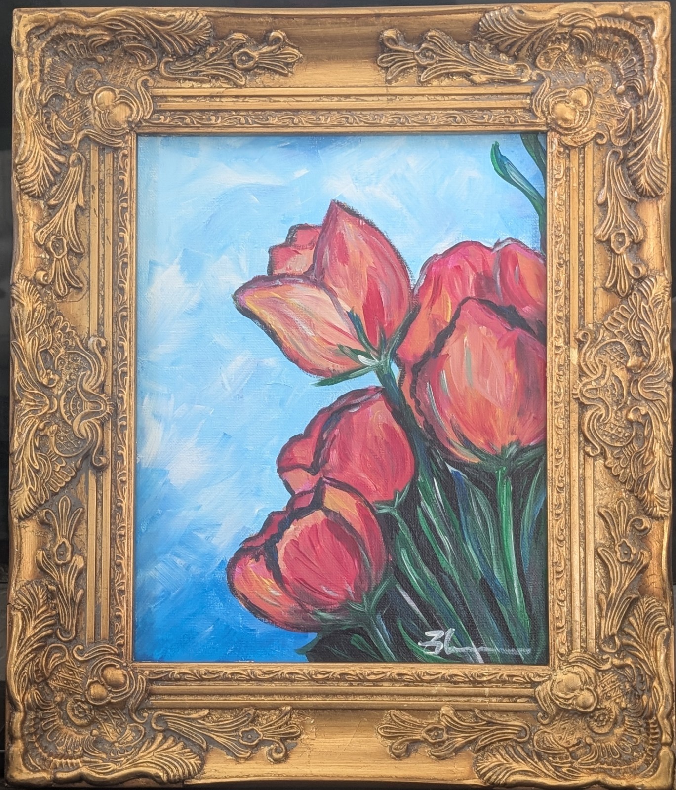 Original Painting Red Tulips On Canvas Acrylic 11×14 Artist’s Signed Unframed