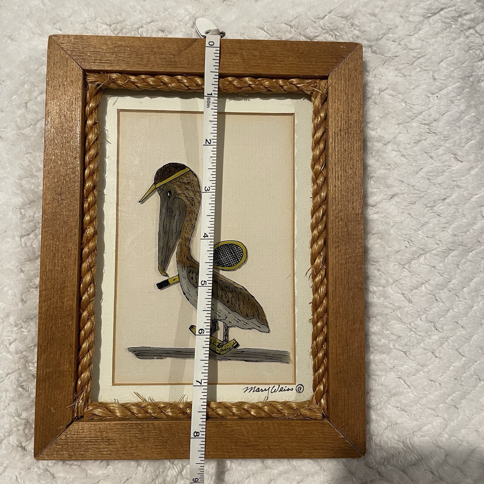 Vintage Mary Weiss Art Pelican Tennis Framed Reverse Painted Glass Funny Coastal