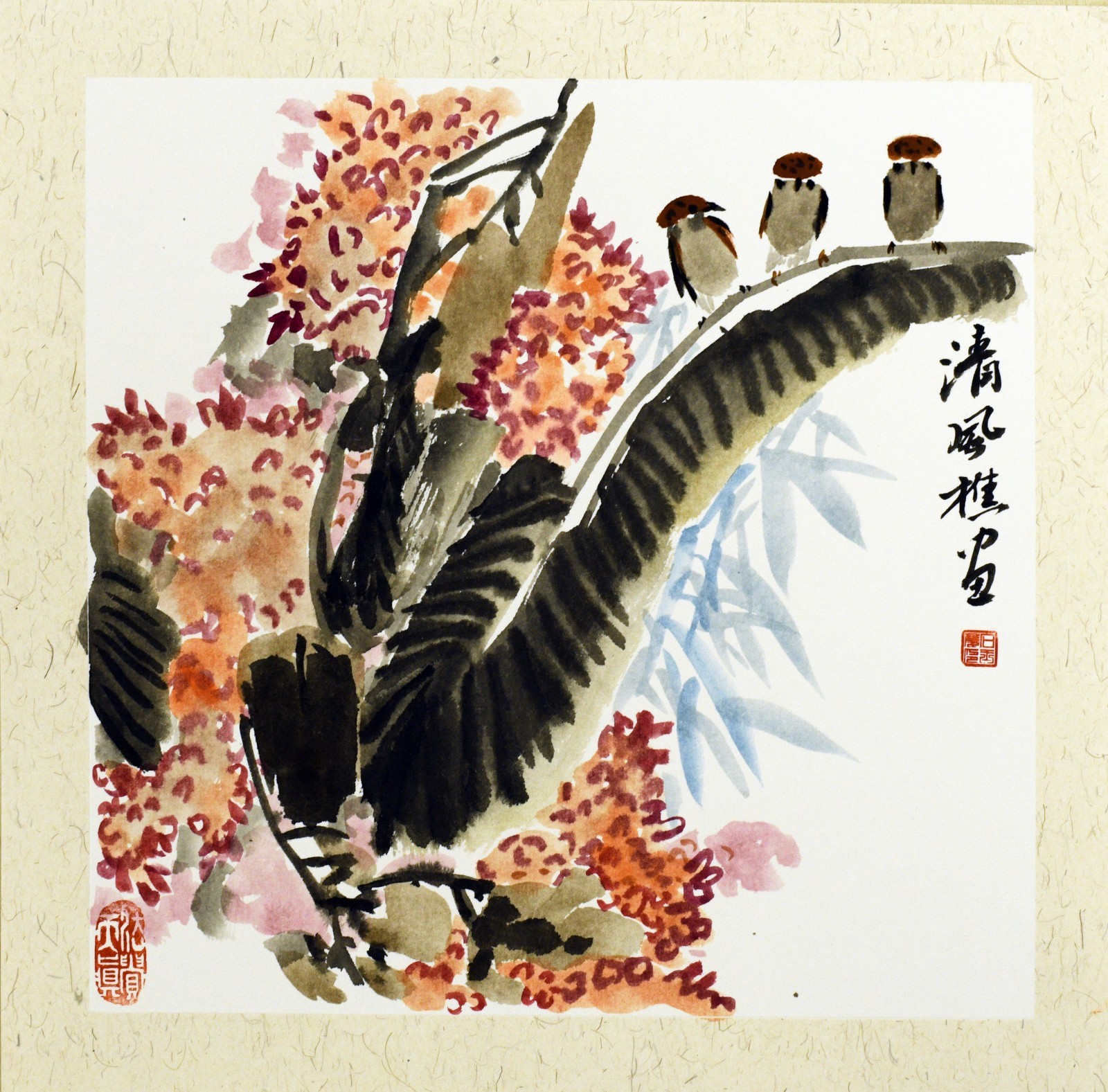 Original Chinese Ink Painting – Hand-Painted Bird & Blossom Art, 34×34cm
