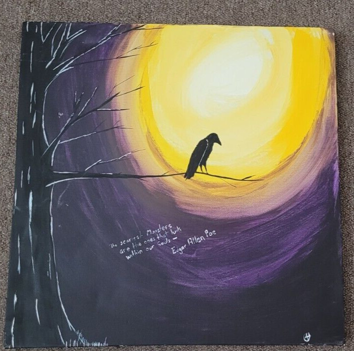 Edgar Allen Poe Quote Oil Painting Canvas Black Crow on Tree Appx. 20 x 20 x 1″