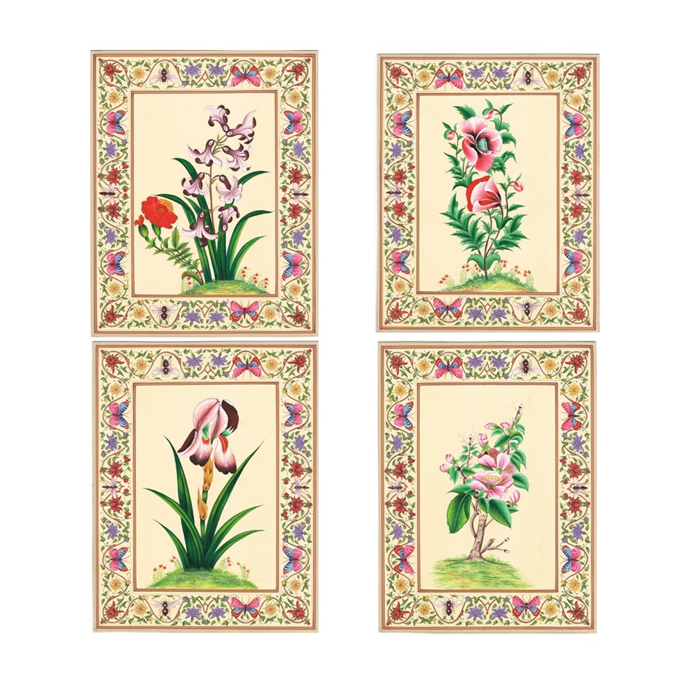Handmade Flower Painting Set of 4 Indian Botanical Art On Paper 10.5×13.5 inches