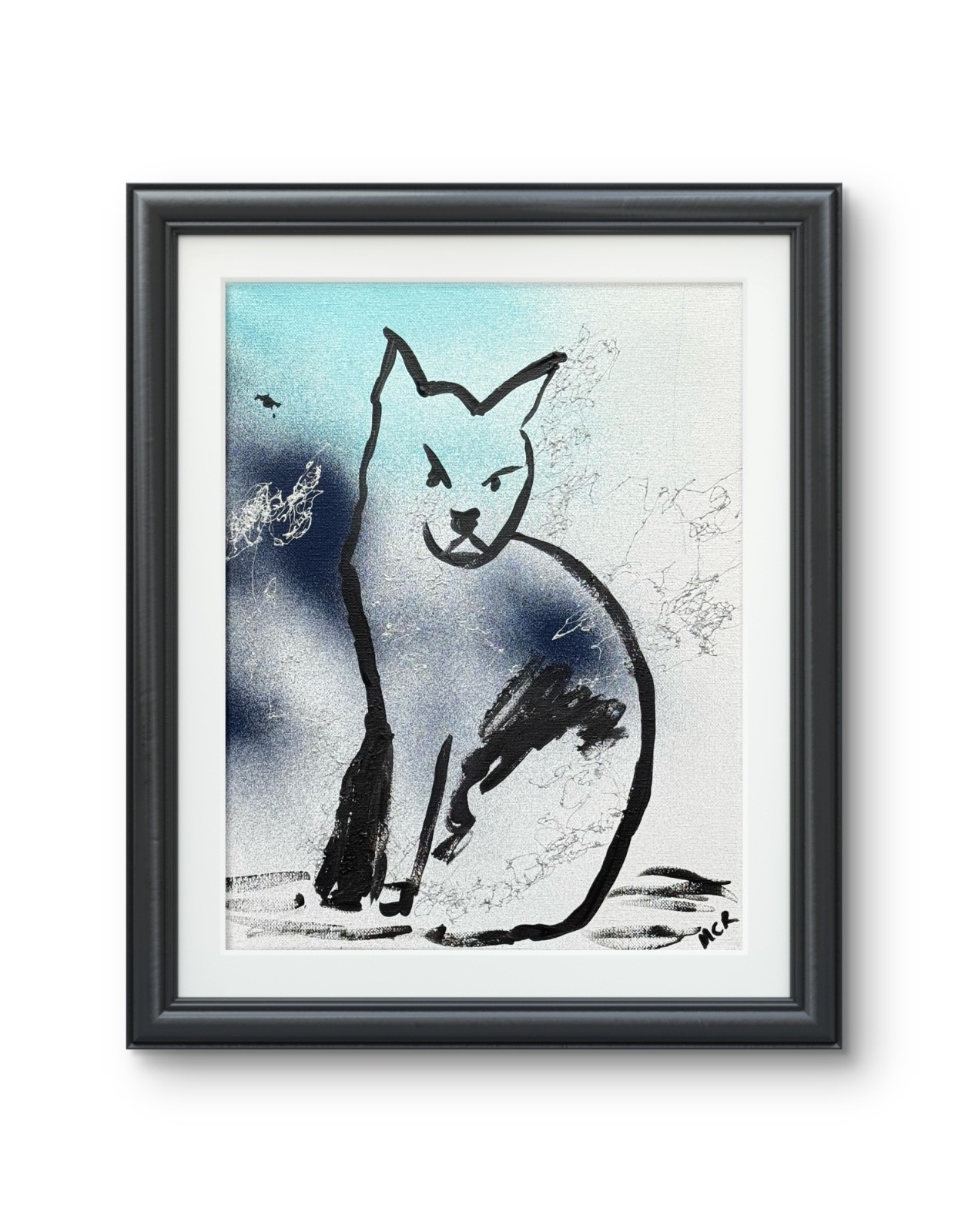 Original Signed Mixed Media Art Abstract Cat Line Drawing Painting 11×14 OOAK