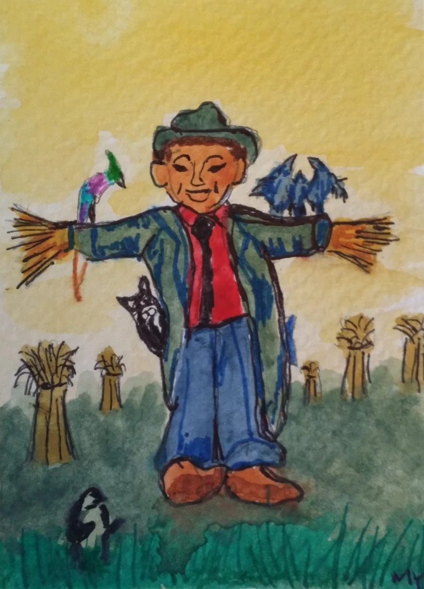 ACEO Original – Scarecrow with animals in Farm – Watercolor 2.5 x 3.5 Signed