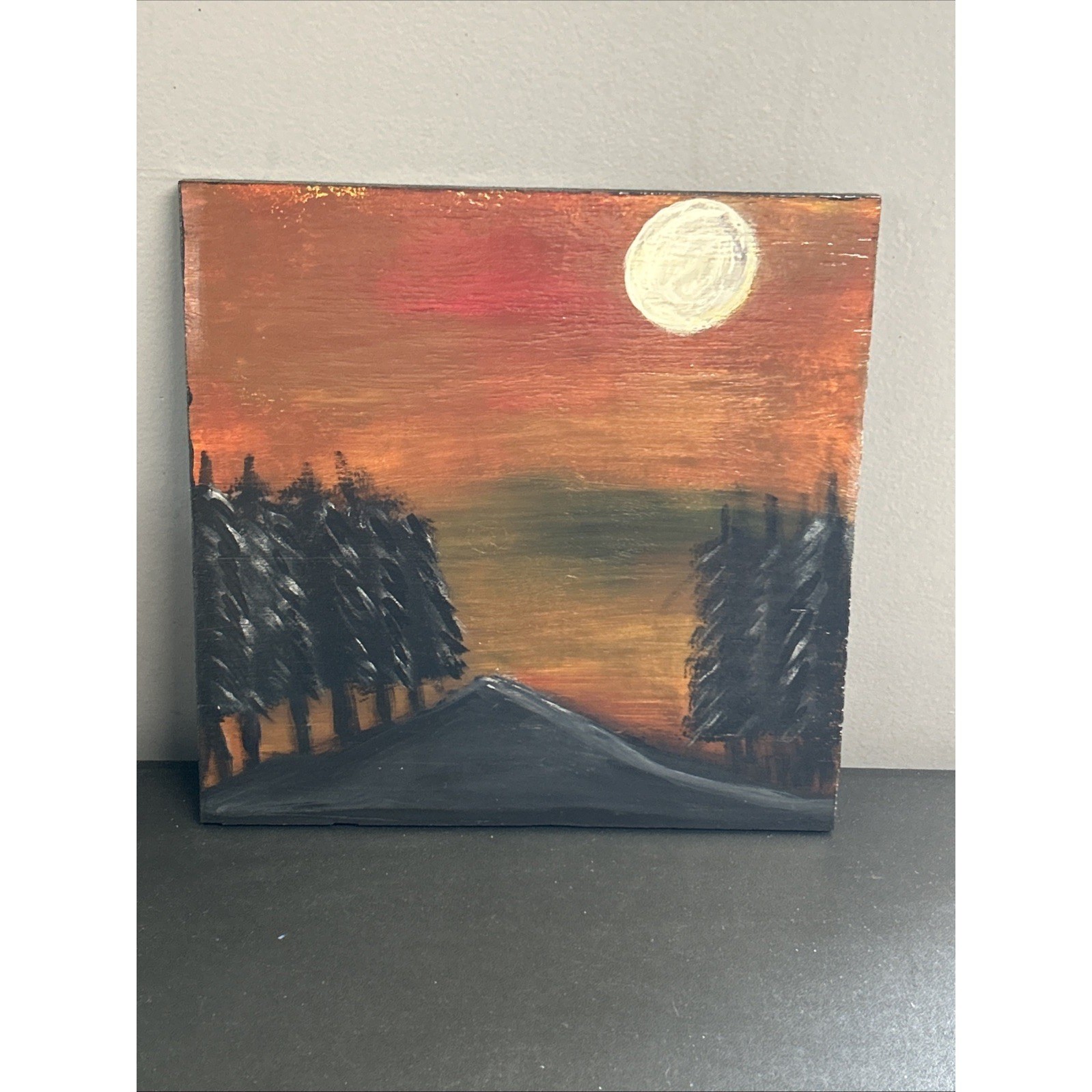 Original Acrylic Painting On Reclaimed Wood Nature Trees Titled Autumn Moonlight