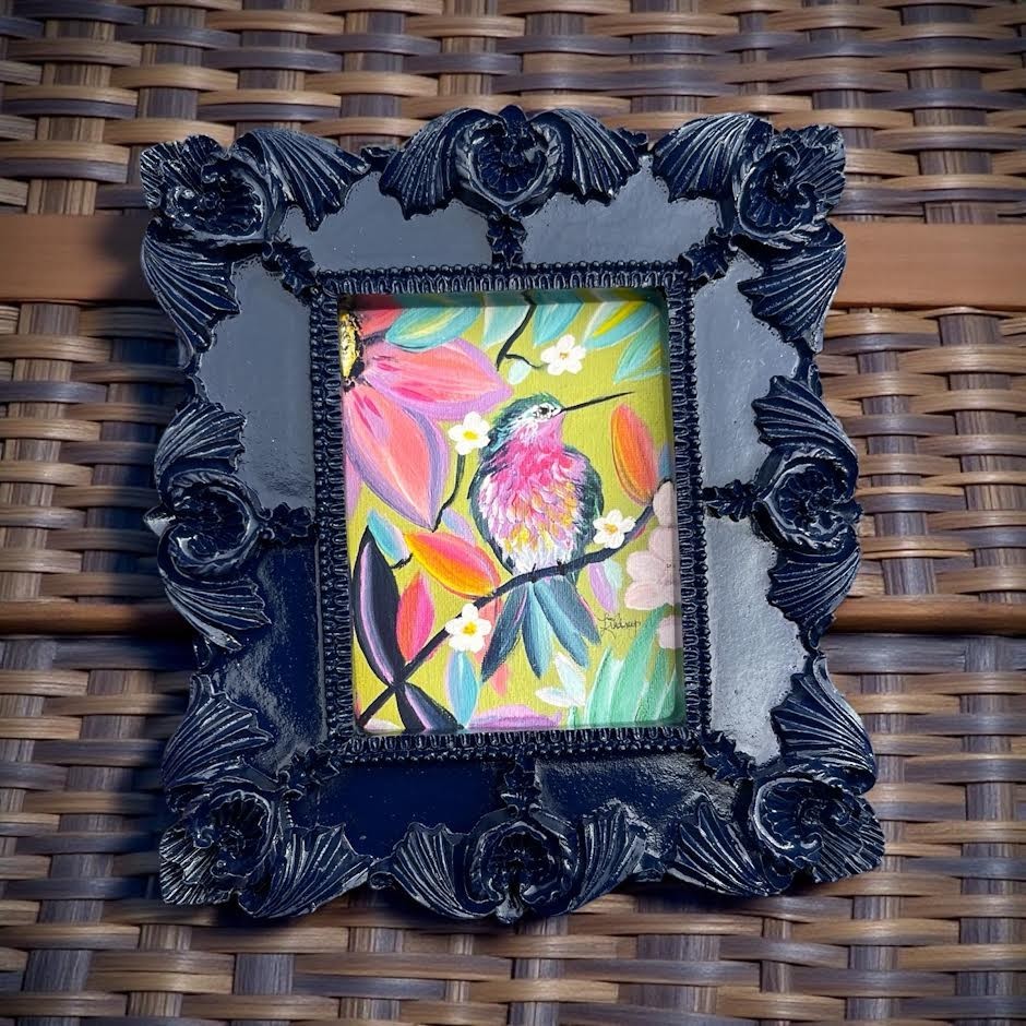 Hummingbird, Peacock & Chickadee with Floral Background- Mini Framed Bird Print