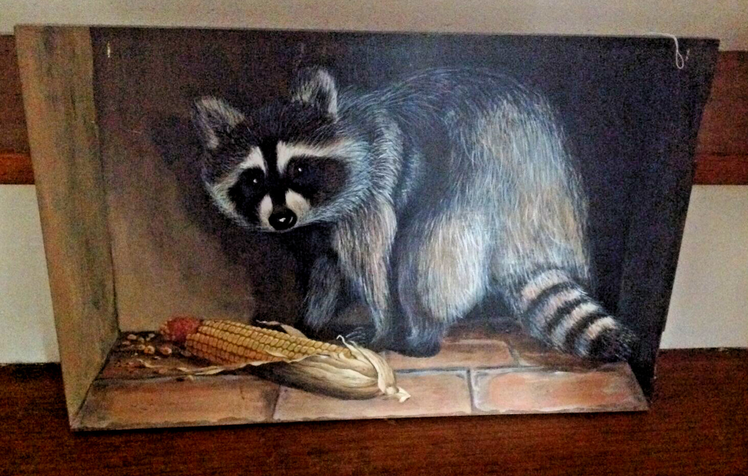 Rare*ORIGINAL OIL Cabinet BOARD Raccoon w/Corn🌽 PAINTING Signed Art*Wheeler*’83