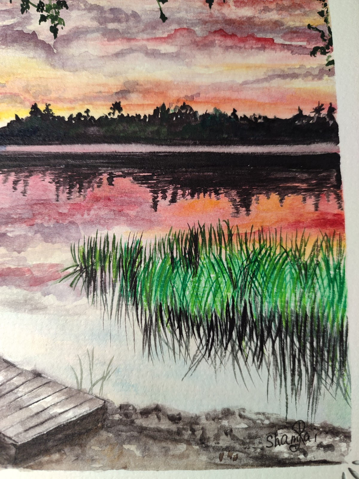 original watercolor painting «Samset on the river»15x21cm(5.9×8.2in) handmade