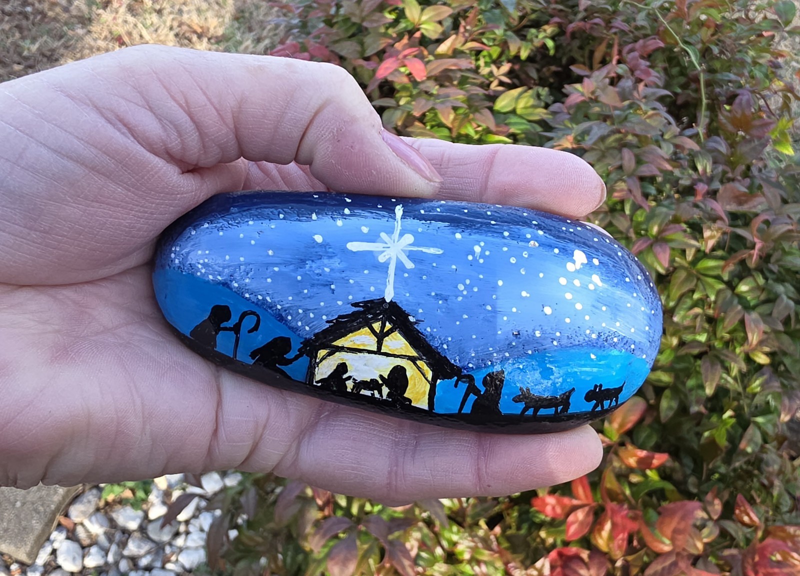 Hand Painted nativity Kindness original Rock paper weight Painting Art Gift
