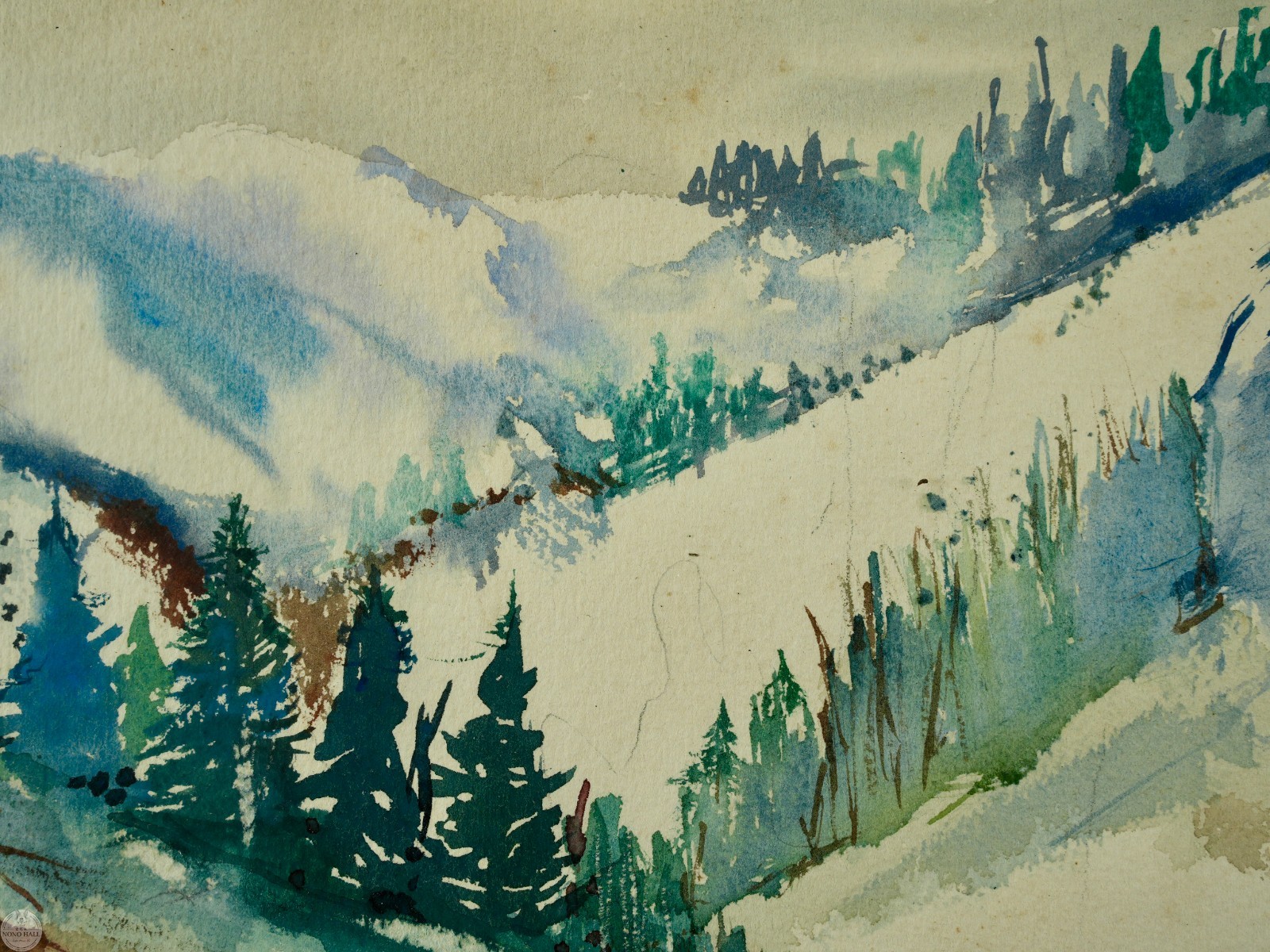 Vintage Original Impressionist Landscape Watercolor Painting «Alpine Winter»