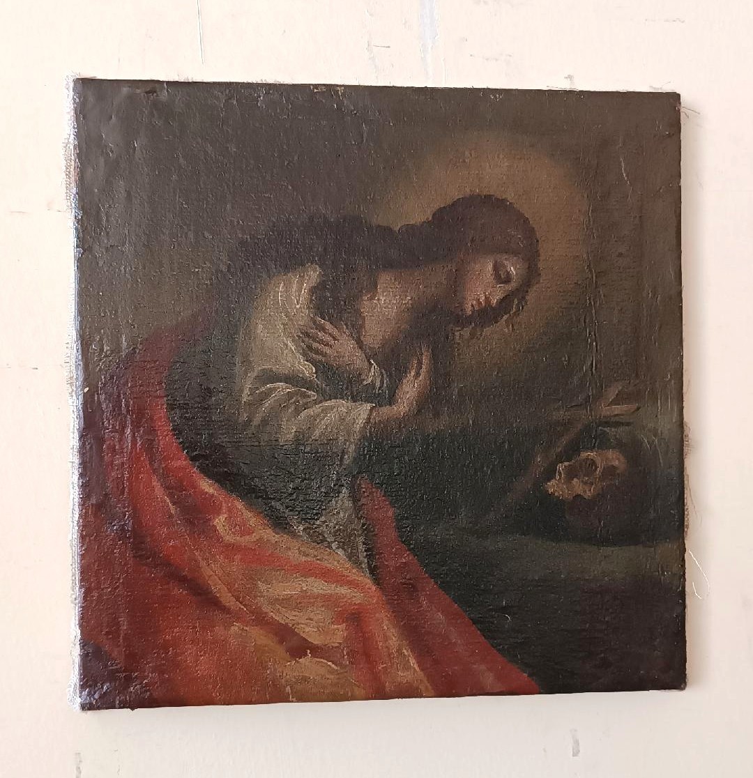 Antique 18th Century Italian Oil Painting Penitent Mary Magdalene Skull Canvas