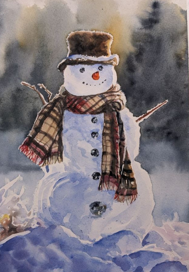 Snowman Watercolor Painting Winter Landscape with Backlight Christmas Gift