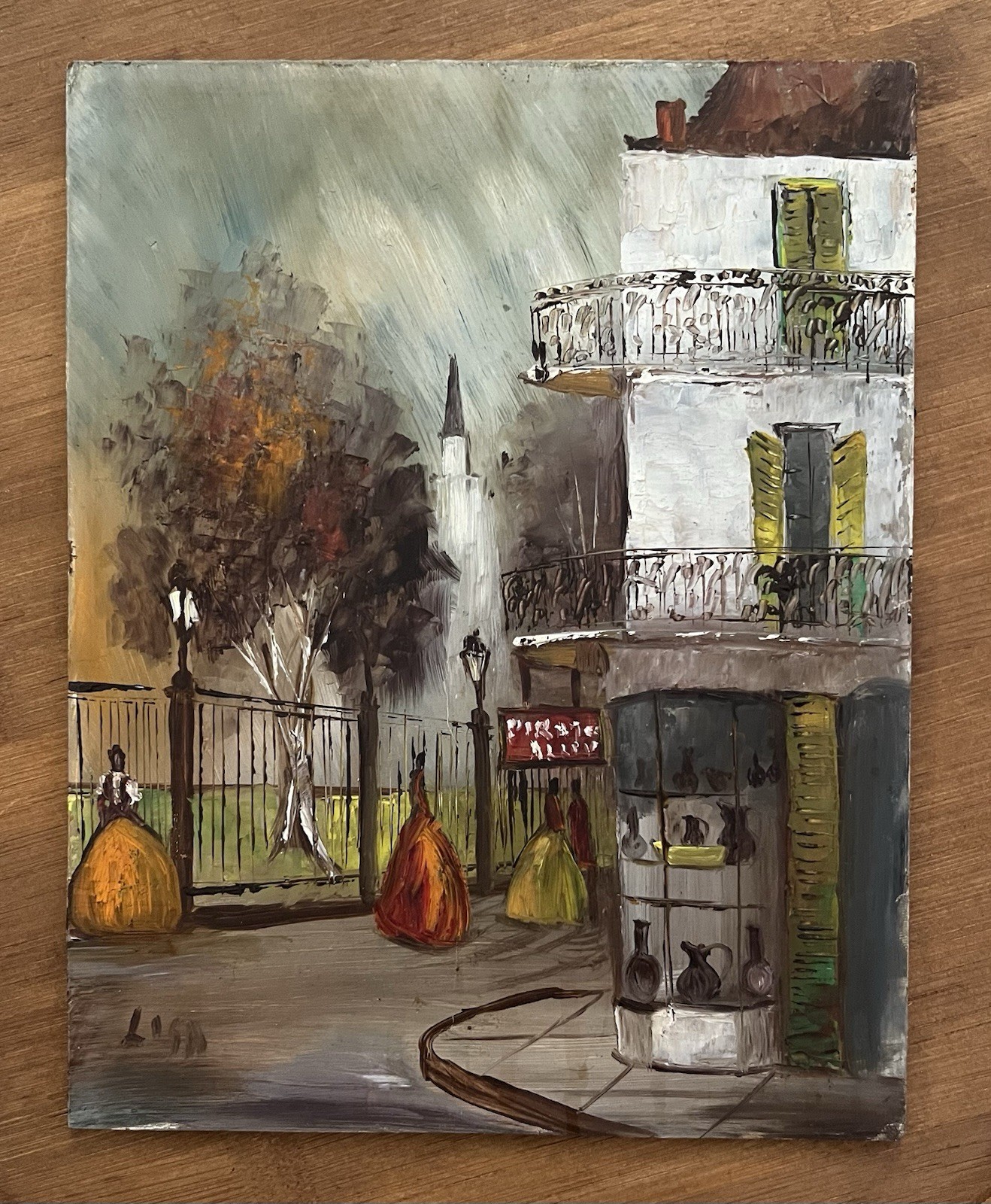 Vintage New Orleans City Street Scene Painting on Wood, 8×10 Unframed