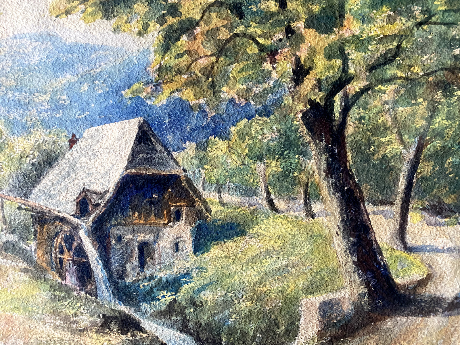 :WATERCOLOUR CIRCA 1930 WATERMILL IN VALLEY AUTUMN LATE SUMMER FRAME ANTIQUE ROAD TREE