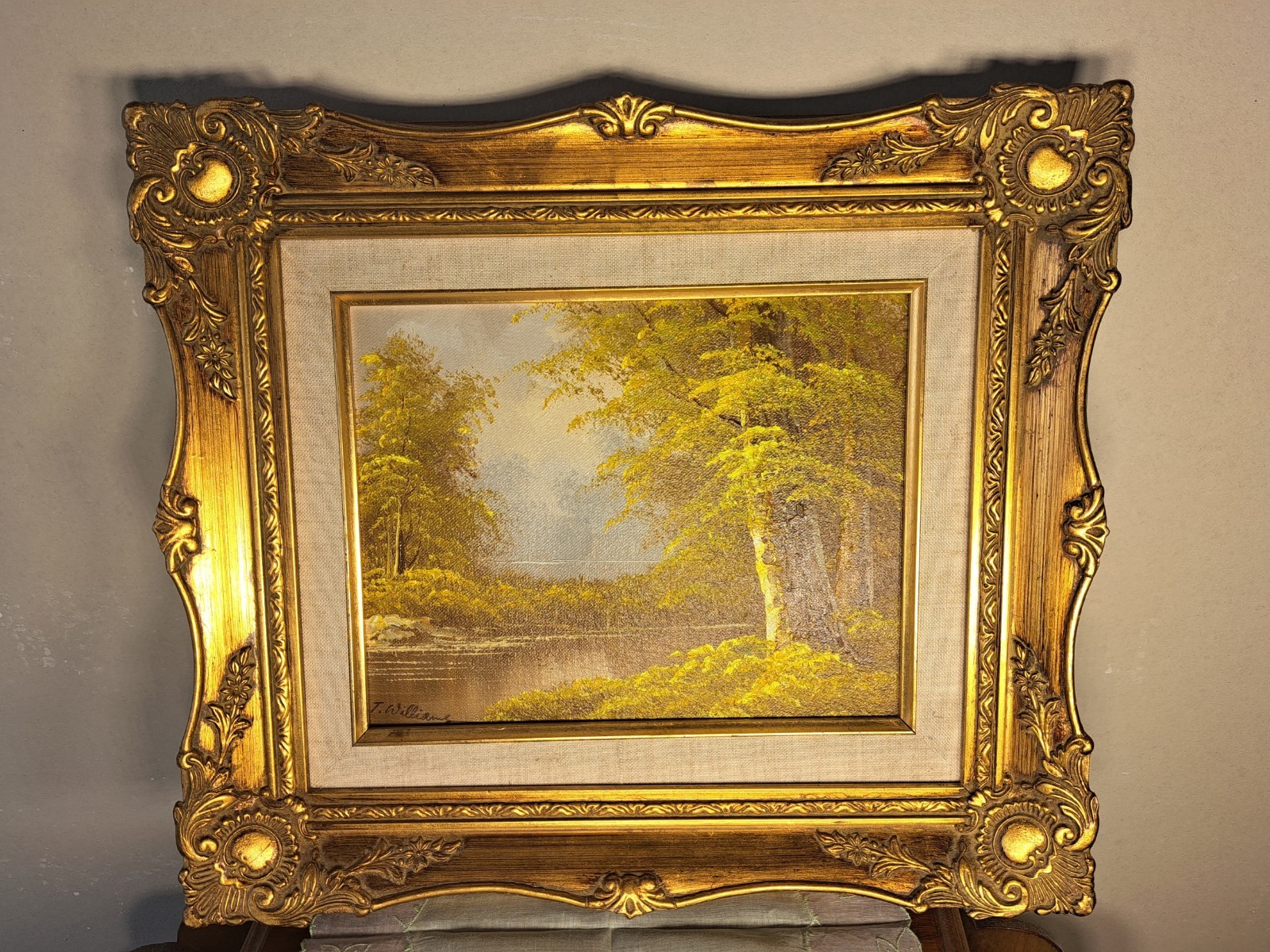 T. Williams Oil Painting , Forest Landscape, beautiful frame. 14″ x 15″.